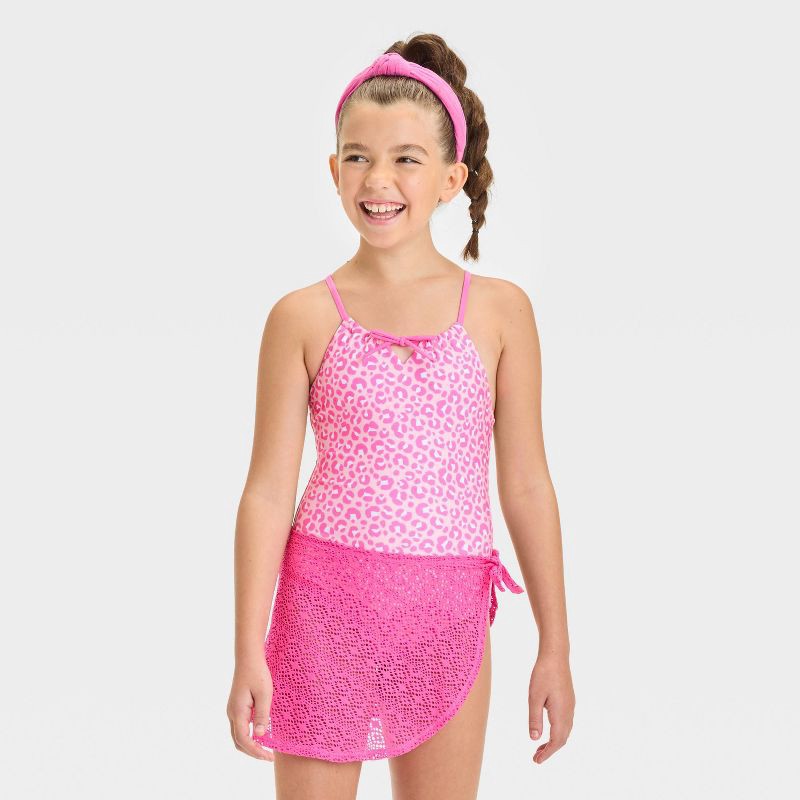 slide 1 of 4, Girls' Leopard Spot Printed One Piece Swimsuit Set - Cat & Jack™ Pink XL: UPF 50+, Recycled Polyester, 1 ct