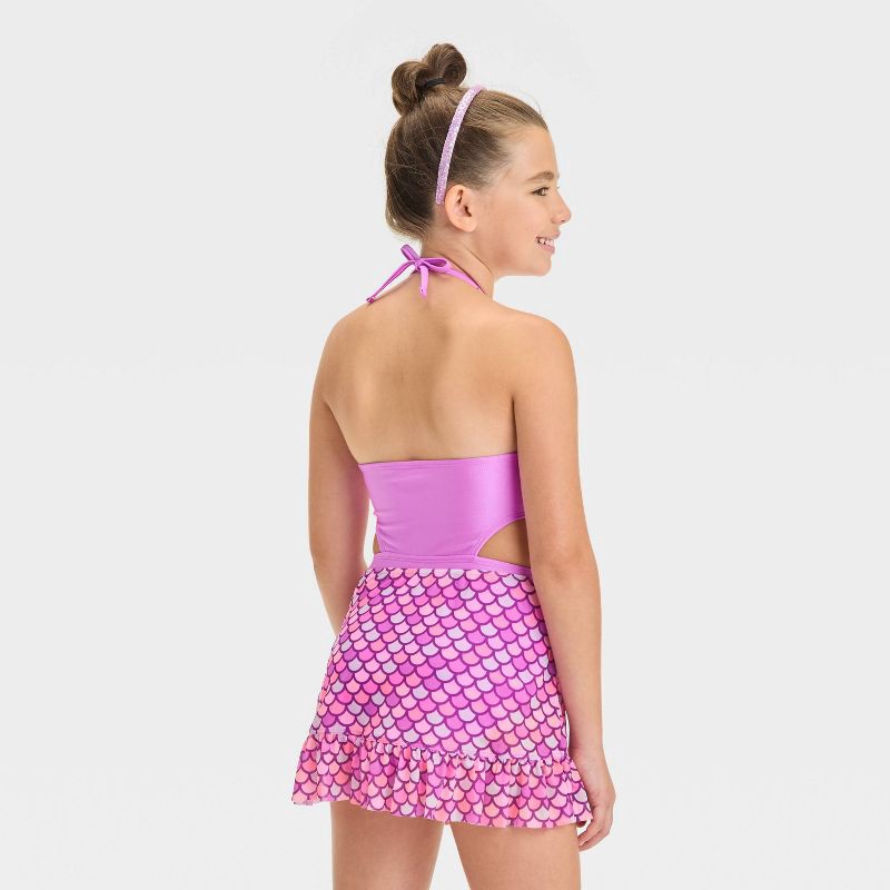 slide 4 of 4, Girls' Mermaid Paradise Scalloped One Piece Swimsuit Set - Cat & Jack™ Purple S: UPF 50+, Full Lining, Tricot, 1 ct