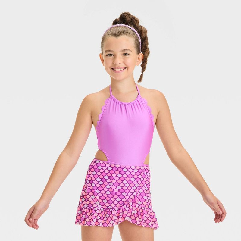 slide 1 of 4, Girls' Mermaid Paradise Scalloped One Piece Swimsuit Set - Cat & Jack™ Purple S: UPF 50+, Full Lining, Tricot, 1 ct