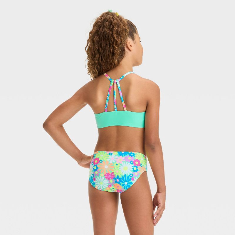 slide 2 of 4, Girls' Floral Printed Rash Guard Set - Cat & Jack™ XS: Botanical Pattern, 3-Piece Swimwear, UPF 50+, Recycled Polyester, 1 ct