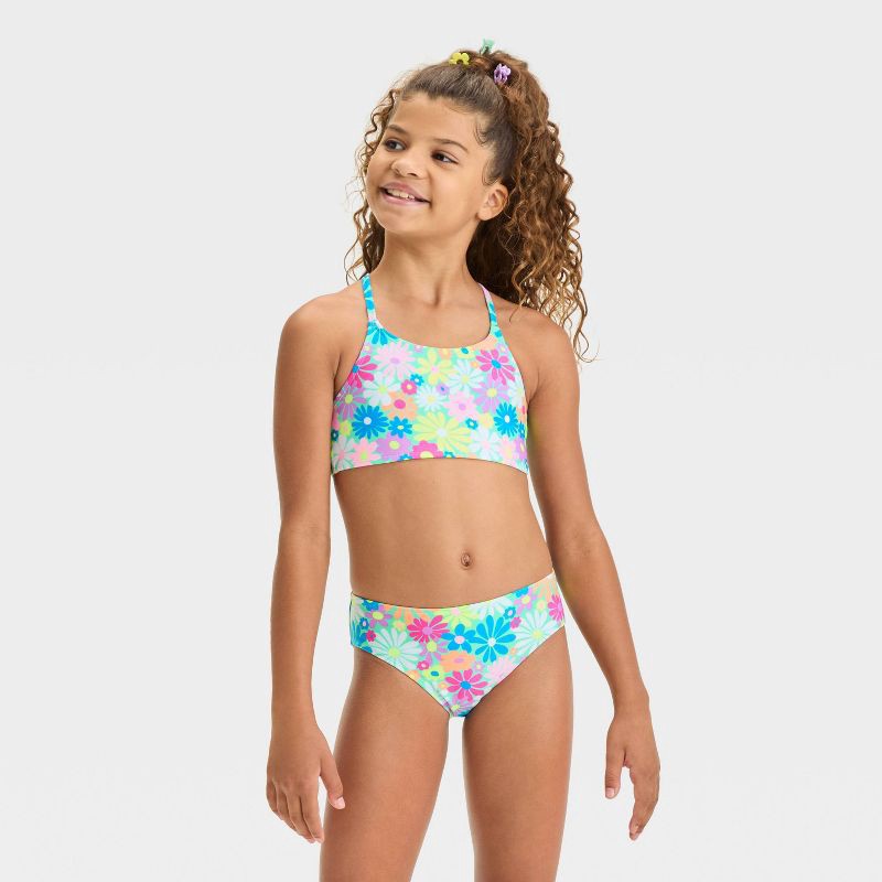 slide 3 of 4, Girls' Floral Printed Rash Guard Set - Cat & Jack™ XS: Botanical Pattern, 3-Piece Swimwear, UPF 50+, Recycled Polyester, 1 ct