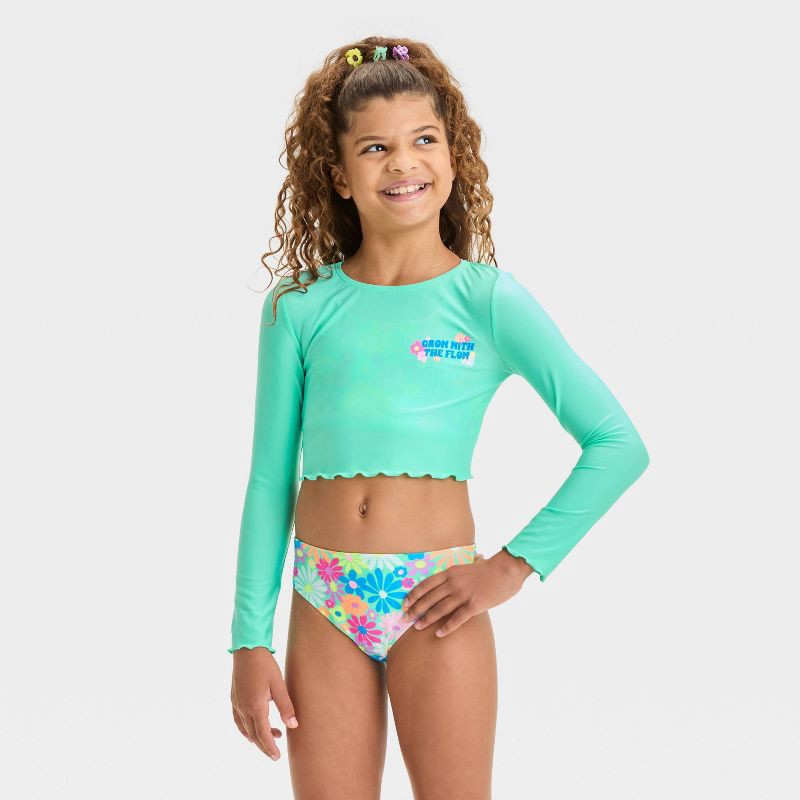 slide 1 of 4, Girls' Floral Printed Rash Guard Set - Cat & Jack™ XS: Botanical Pattern, 3-Piece Swimwear, UPF 50+, Recycled Polyester, 1 ct