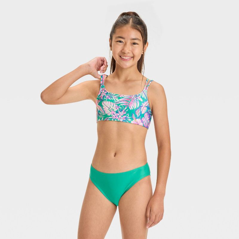 slide 3 of 4, Girls' Abstract Tropical Jungle Flowers Bikini Set - art class™ L: UPF 50+, Recycled Polyester, 3-Piece, 1 ct