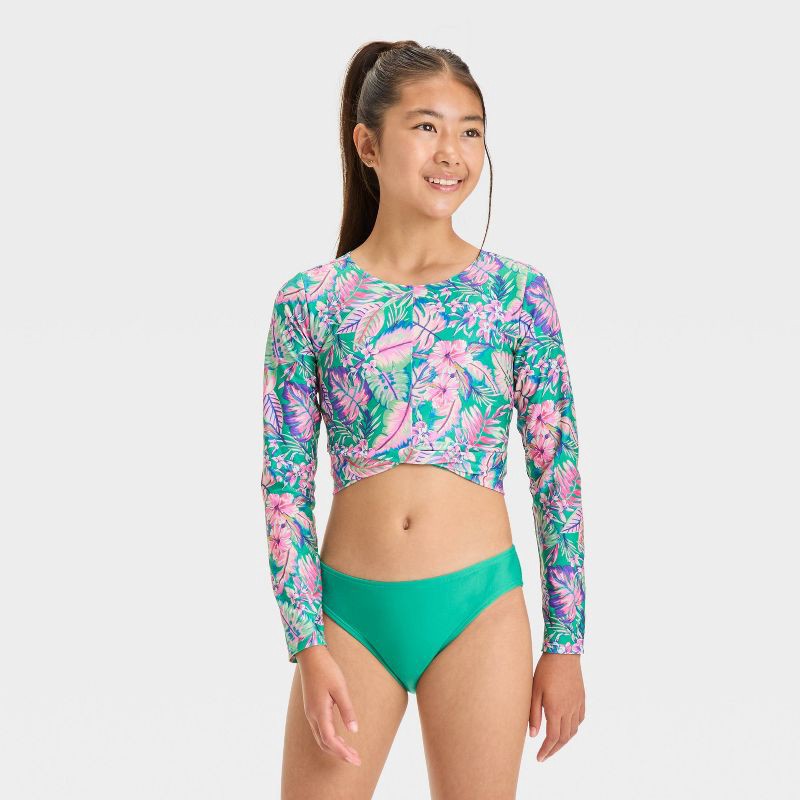slide 1 of 4, Girls' Abstract Tropical Jungle Flowers Bikini Set - art class™ L: UPF 50+, Recycled Polyester, 3-Piece, 1 ct