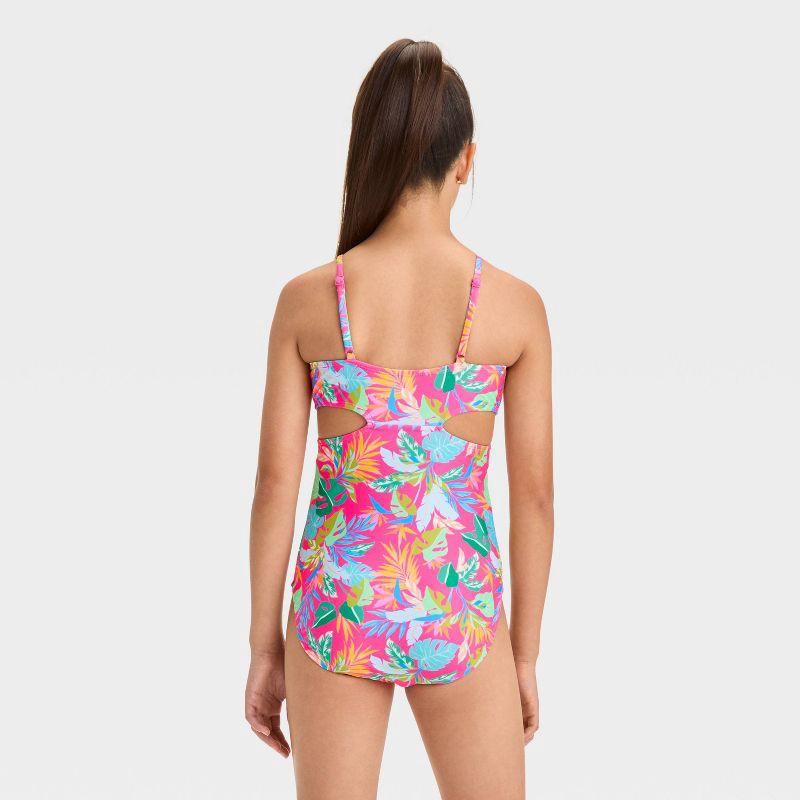 slide 2 of 4, Girls' Leaf Printed One Piece Swimsuit Set - art class™ M: Botanical Pattern, UPF 50+, Adjustable Straps, 1 ct
