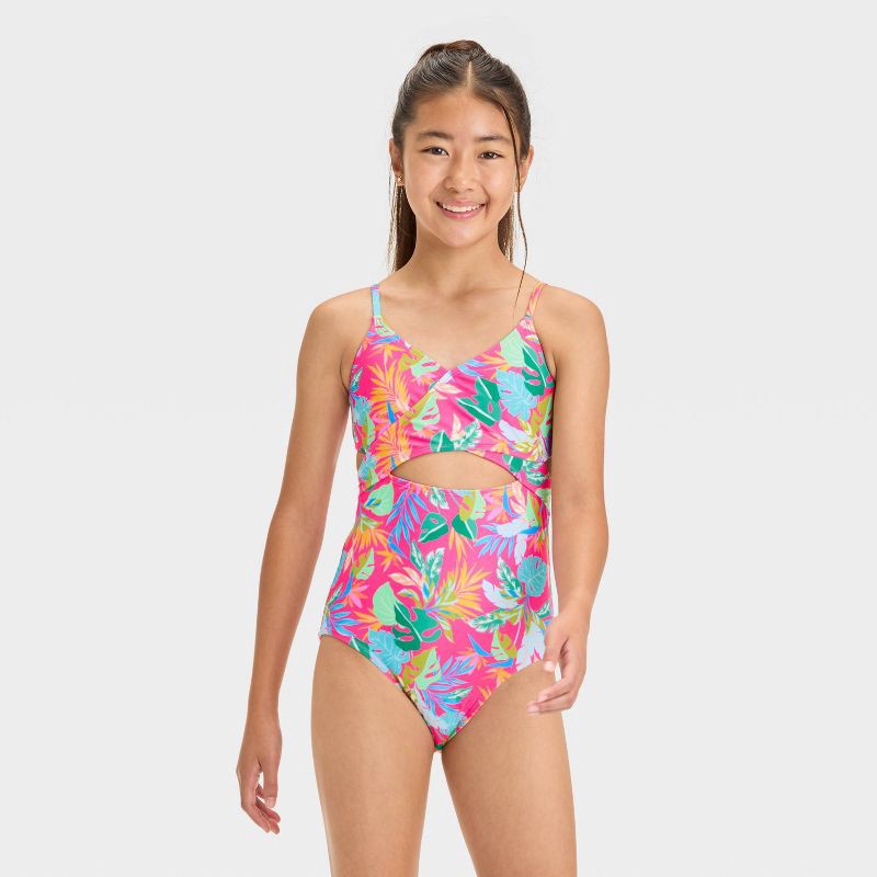 slide 3 of 4, Girls' Leaf Printed One Piece Swimsuit Set - art class™ M: Botanical Pattern, UPF 50+, Adjustable Straps, 1 ct