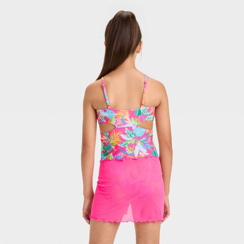 slide 4 of 4, Girls' Leaf Printed One Piece Swimsuit Set - art class™ M: Botanical Pattern, UPF 50+, Adjustable Straps, 1 ct