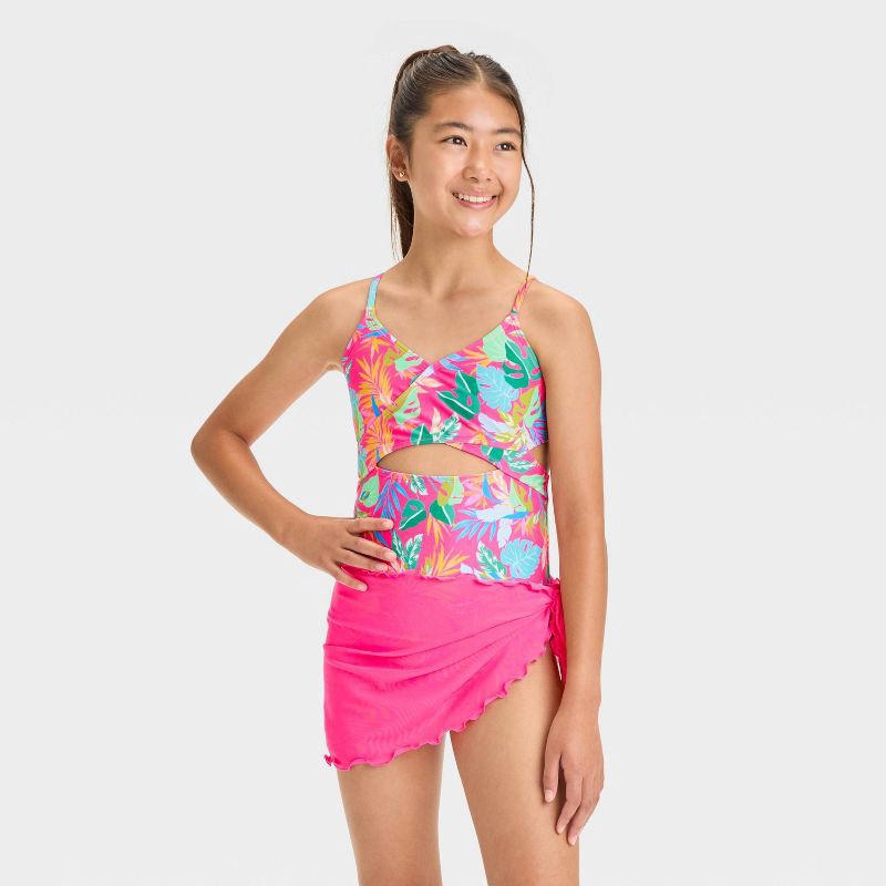 slide 1 of 4, Girls' Leaf Printed One Piece Swimsuit Set - art class™ M: Botanical Pattern, UPF 50+, Adjustable Straps, 1 ct