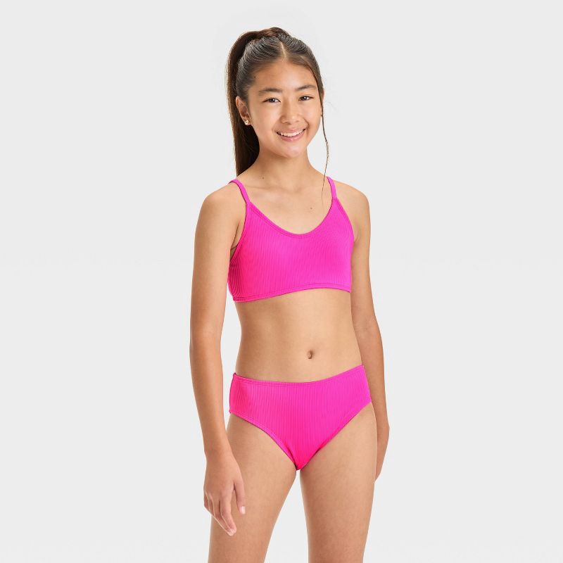 slide 3 of 4, Girls' Abstract Rash Guard Set - art class™ Pink XS: 3-Piece Swimwear, Recycled Polyester, Bikini Top & Bottom, Long Sleeve, 1 ct