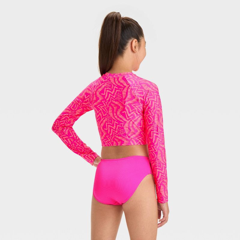 slide 4 of 4, Girls' Abstract Rash Guard Set - art class™ Pink XS: 3-Piece Swimwear, Recycled Polyester, Bikini Top & Bottom, Long Sleeve, 1 ct