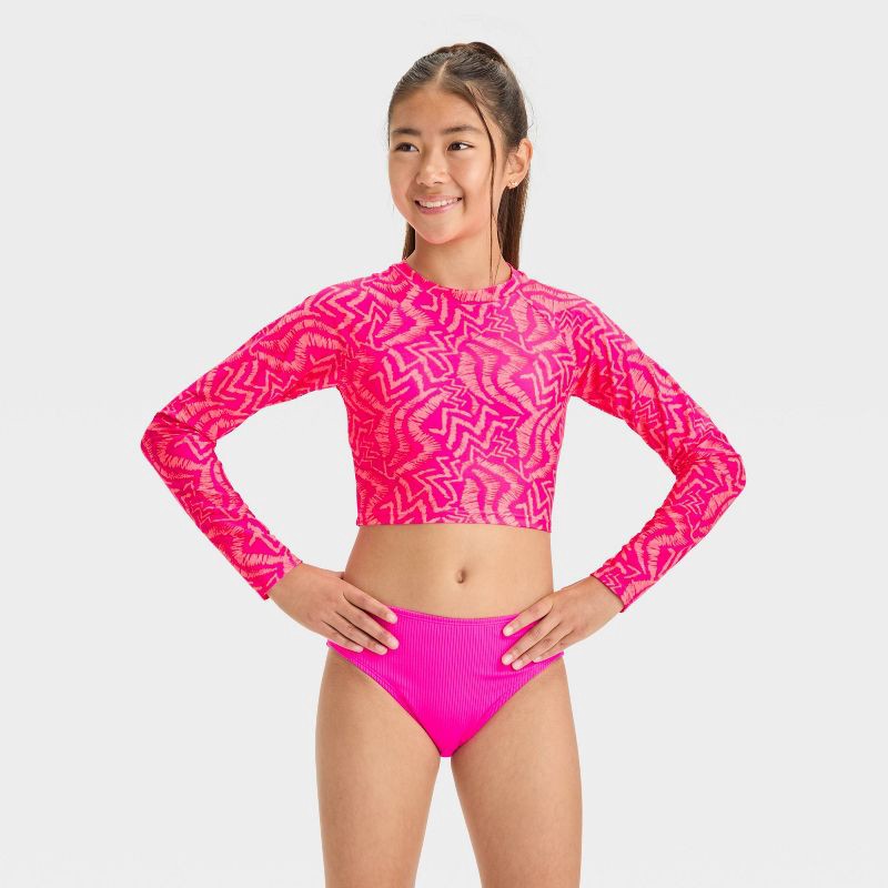 slide 1 of 4, Girls' Abstract Rash Guard Set - art class™ Pink XS: 3-Piece Swimwear, Recycled Polyester, Bikini Top & Bottom, Long Sleeve, 1 ct
