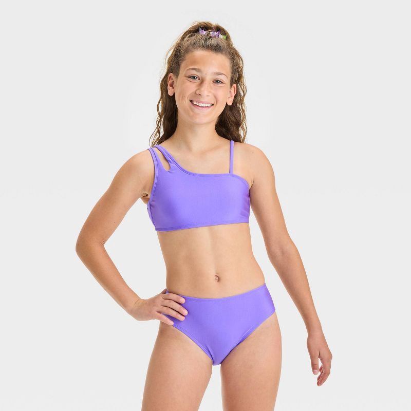slide 3 of 4, Girls' Solid Bikini Set - art class™ Purple S: Adjustable Straps, Full Lining, 3-Piece Swimwear, 1 ct