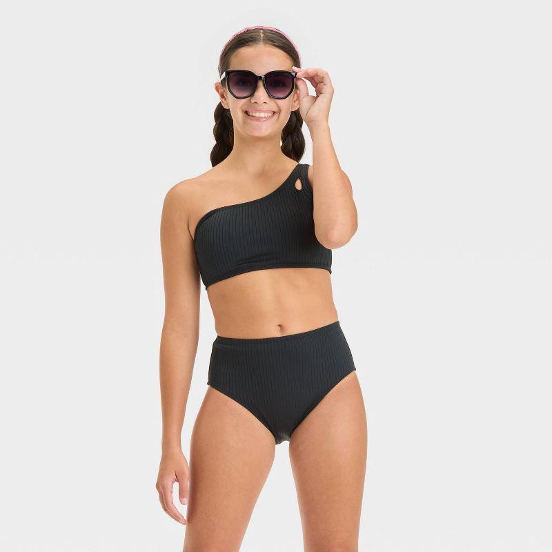 slide 3 of 3, Girls' Solid Bikini Swim Bottom - art class™ Heather Black XL: High Rise, Full Coverage, UPF 50+, Recycled Materials, 1 ct