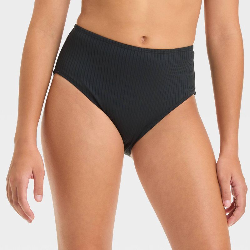 slide 1 of 3, Girls' Solid Bikini Swim Bottom - art class™ Heather Black XL: High Rise, Full Coverage, UPF 50+, Recycled Materials, 1 ct