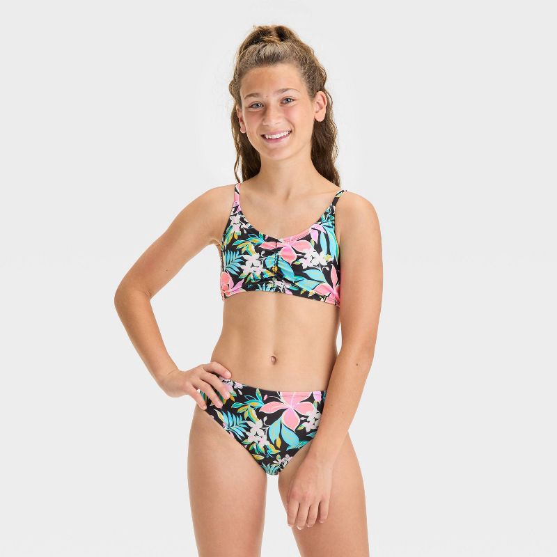 slide 3 of 3, Girls' Tropical Floral Printed Bikini Swim Bottom - art class™ Black XL: Low Rise, UPF 50+, 4-Way Stretch, 1 ct