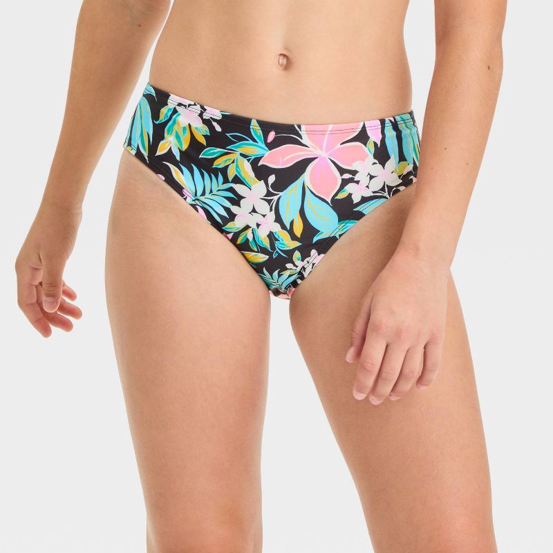 slide 1 of 3, Girls' Tropical Floral Printed Bikini Swim Bottom - art class™ Black XL: Low Rise, UPF 50+, 4-Way Stretch, 1 ct