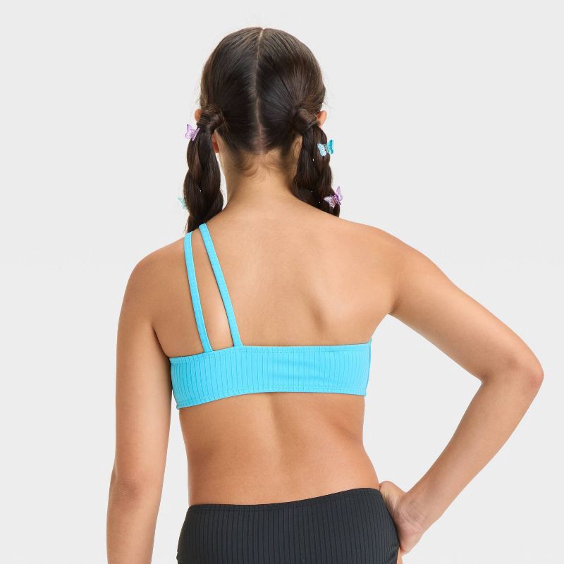 slide 2 of 3, Girls' Solid Bikini Swim Top - art class™ Aqua Blue XS: One Shoulder, Adjustable Strap, UPF 50+, Removable Cup, 1 ct