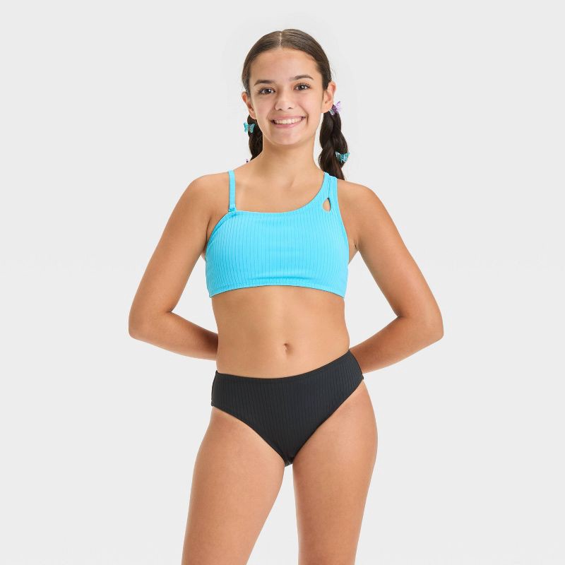 slide 3 of 3, Girls' Solid Bikini Swim Top - art class™ Aqua Blue XS: One Shoulder, Adjustable Strap, UPF 50+, Removable Cup, 1 ct