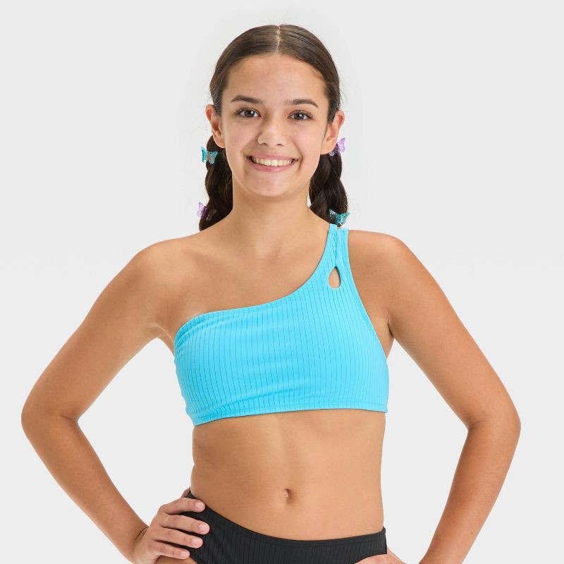 slide 1 of 3, Girls' Solid Bikini Swim Top - art class™ Aqua Blue XS: One Shoulder, Adjustable Strap, UPF 50+, Removable Cup, 1 ct