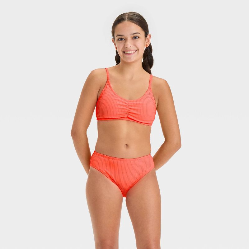slide 3 of 3, Girls' Solid Bikini Swim Top - art class™ Coral Orange S: UPF 50+, Adjustable Straps, Removable Cups, 1 ct