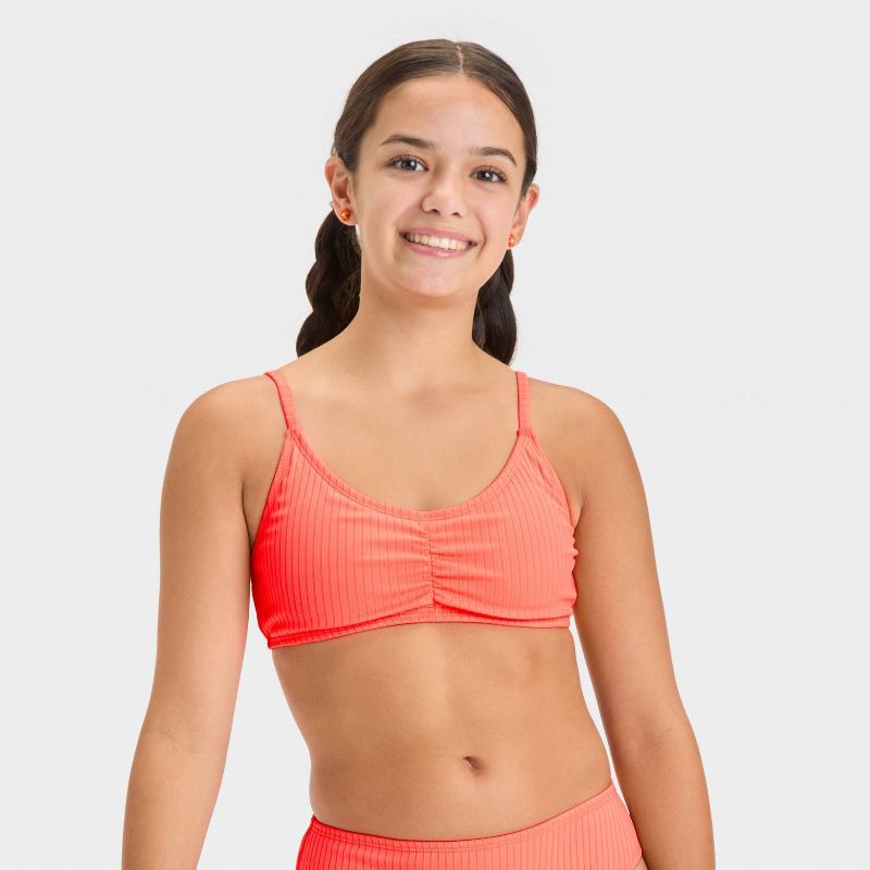slide 1 of 3, Girls' Solid Bikini Swim Top - art class™ Coral Orange S: UPF 50+, Adjustable Straps, Removable Cups, 1 ct