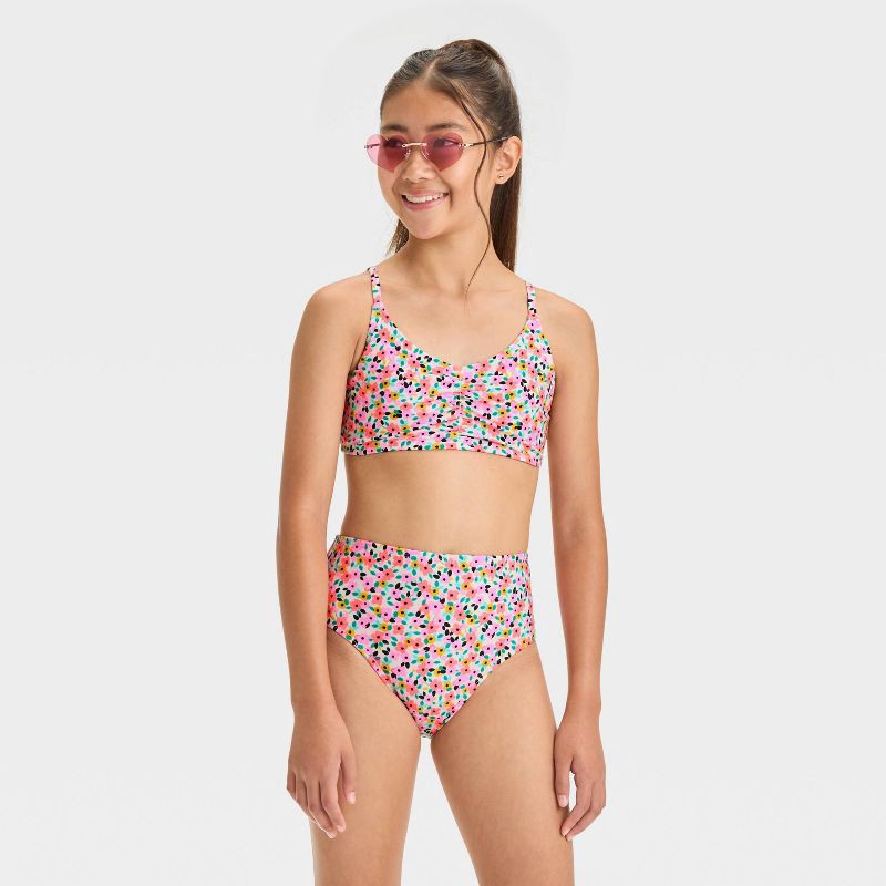 slide 3 of 3, Girls' Floral Printed Bikini Swim Top - art class™ Black L: Botanical Pattern, Adjustable Strap, UPF 50+, 1 ct