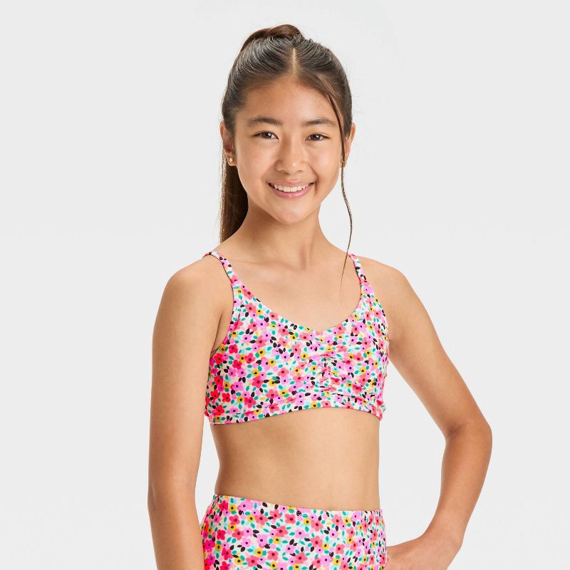 slide 1 of 3, Girls' Floral Printed Bikini Swim Top - art class™ Black L: Botanical Pattern, Adjustable Strap, UPF 50+, 1 ct