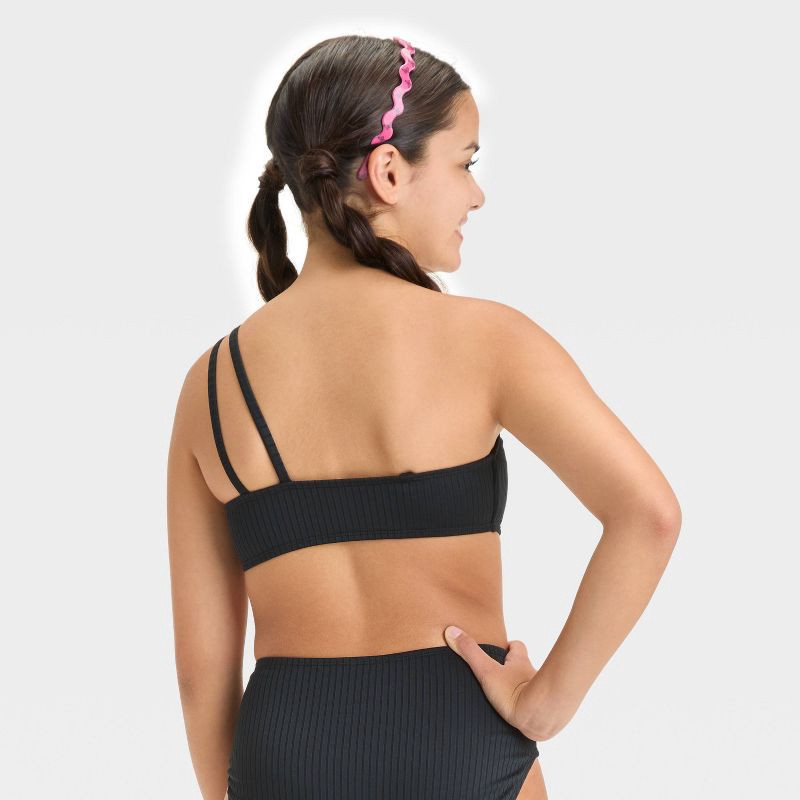 slide 2 of 3, Girls' Solid Bikini Swim Top - art class™ Black S: One Shoulder, Adjustable Strap, UPF 50+, Removable Cup, 4-Way Stretch, 1 ct