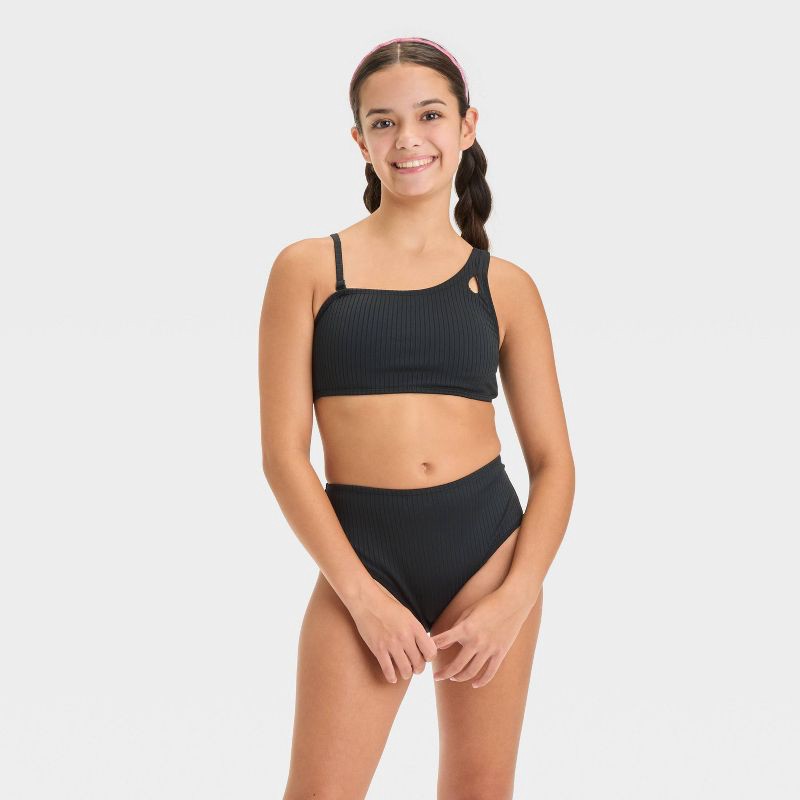 slide 3 of 3, Girls' Solid Bikini Swim Top - art class™ Black S: One Shoulder, Adjustable Strap, UPF 50+, Removable Cup, 4-Way Stretch, 1 ct