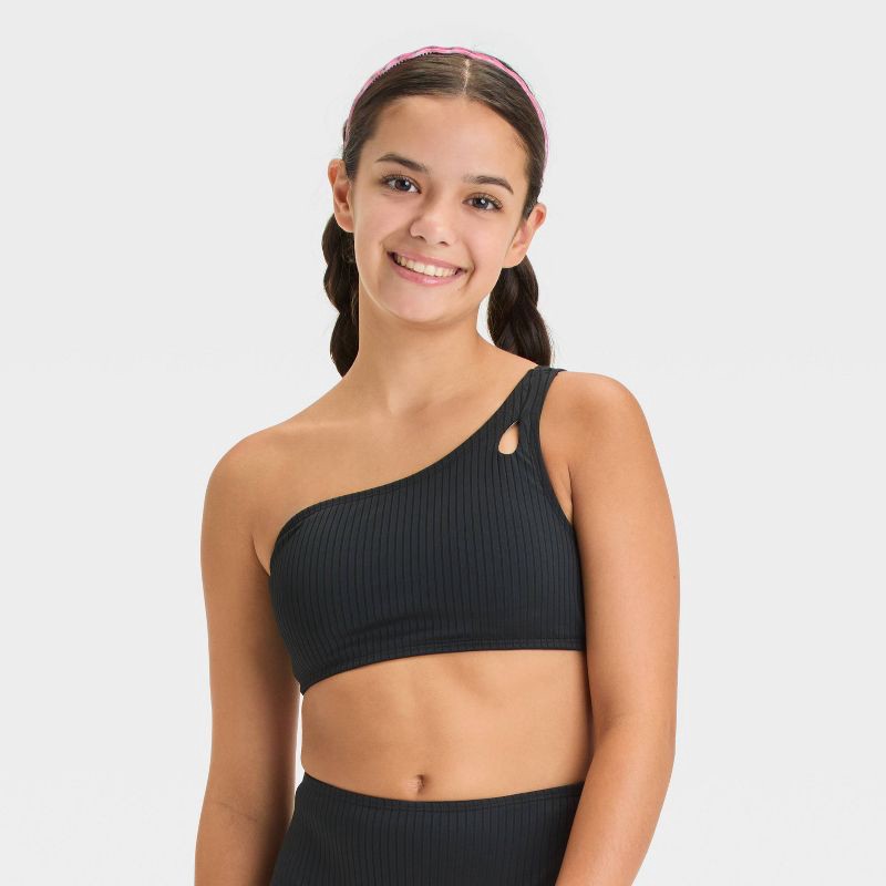 slide 1 of 3, Girls' Solid Bikini Swim Top - art class™ Black S: One Shoulder, Adjustable Strap, UPF 50+, Removable Cup, 4-Way Stretch, 1 ct