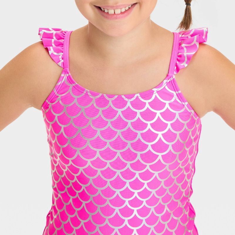 slide 3 of 3, Girls' Fish Scale Printed Tankini Set - Cat & Jack™ Pink M: UPF 50+, Ruffles, 4-Way Stretch, 1 ct