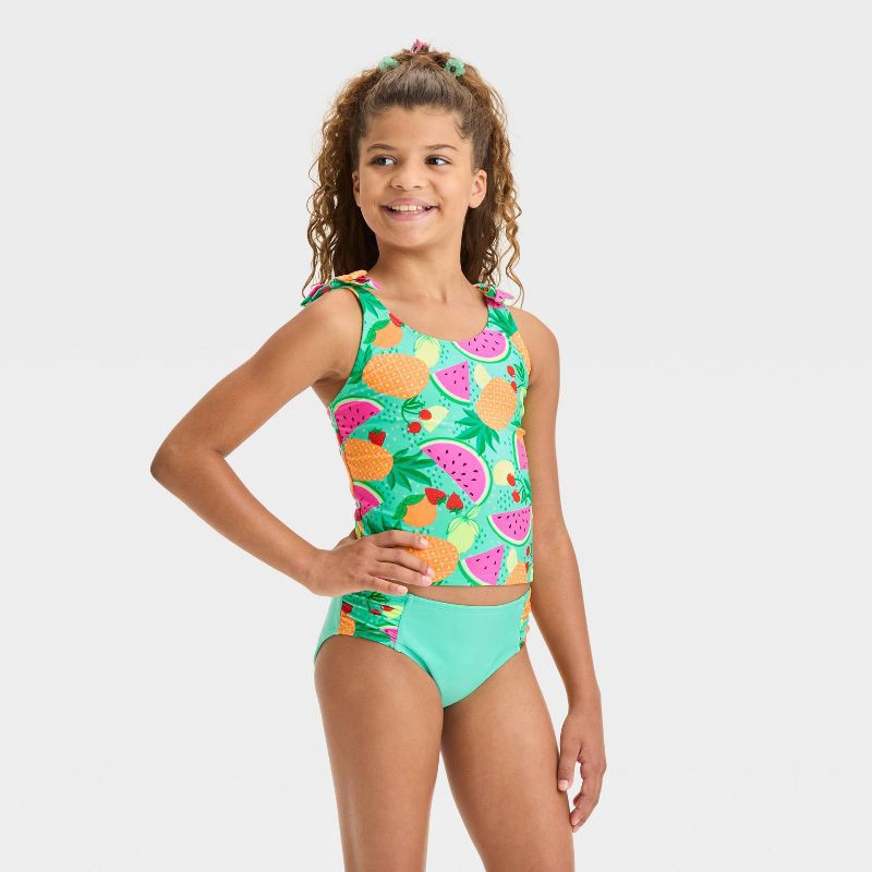 slide 1 of 3, Girls' Fruit Printed Tankini Set - Cat & Jack™ L: UPF 50+, 4-Way Stretch, Bow Details, 1 ct
