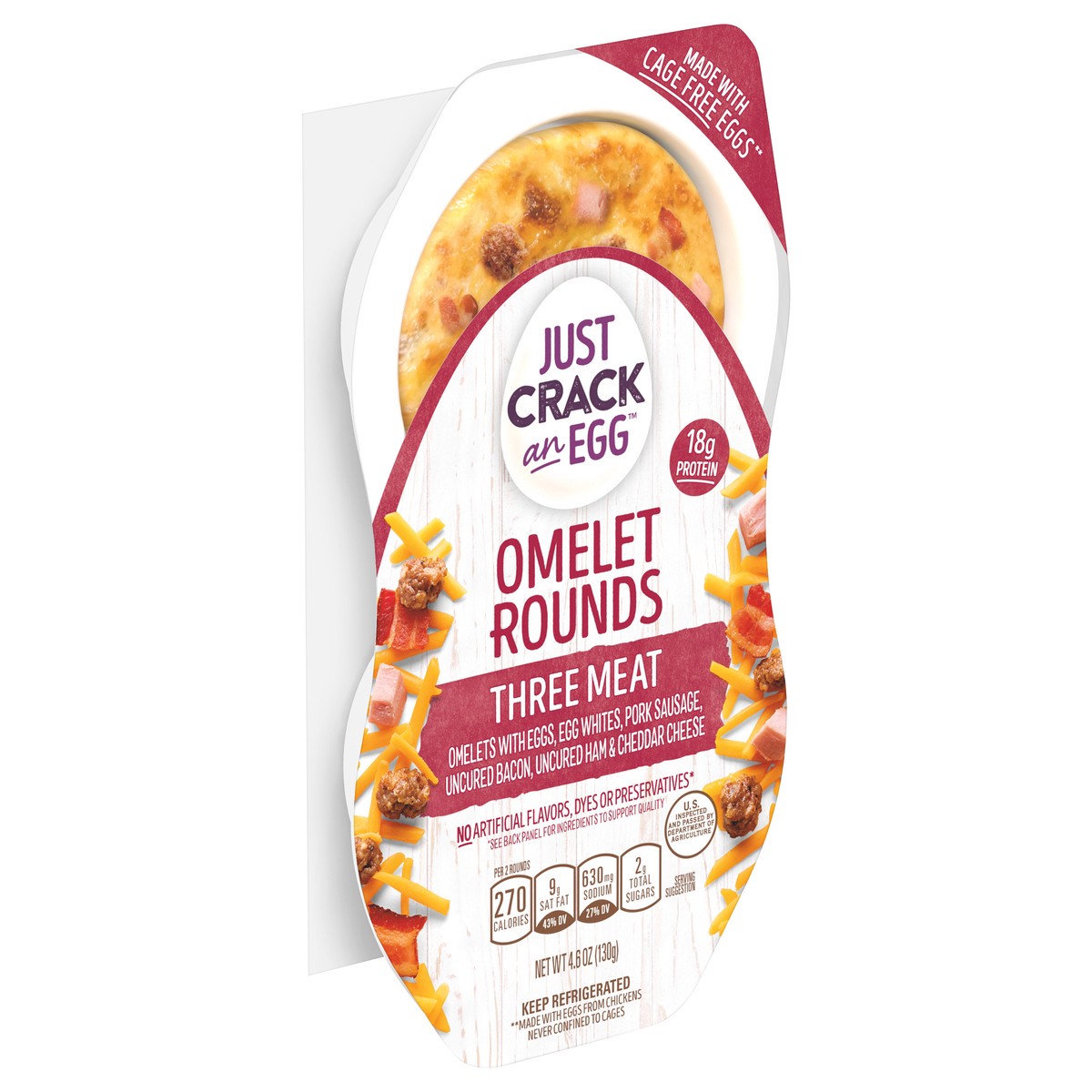 slide 2 of 9, Just Crack an Egg Omelet Rounds Three Meat Egg Bites with Eggs, Pork Sausage, Uncured Bacon, Uncured Ham and Cheddar Cheese, 2 ct Pack, 2 ct