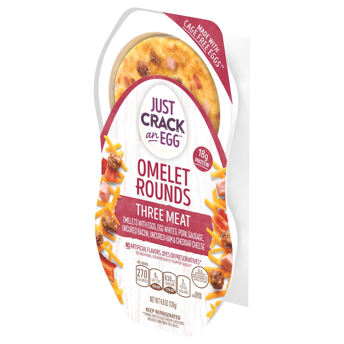 slide 6 of 9, Just Crack an Egg Omelet Rounds Three Meat Egg Bites with Eggs, Pork Sausage, Uncured Bacon, Uncured Ham and Cheddar Cheese, 2 ct Pack, 2 ct