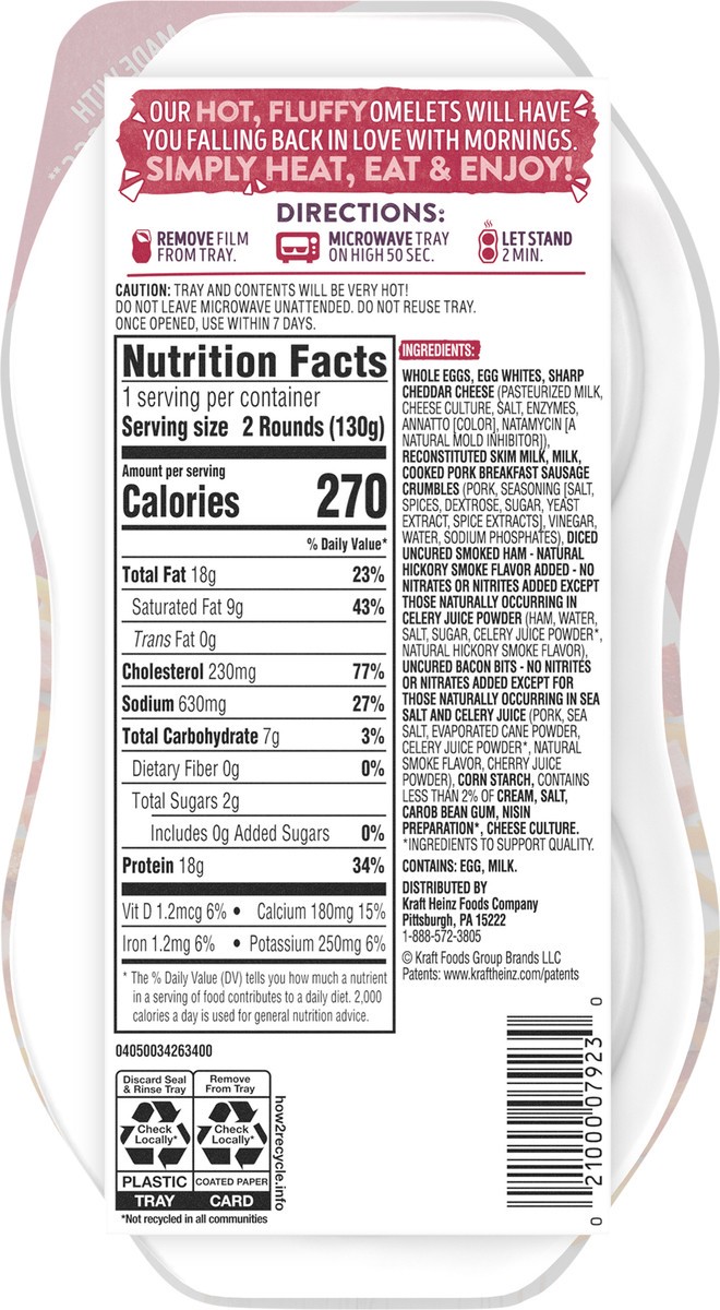 slide 3 of 9, Just Crack an Egg Omelet Rounds Three Meat Egg Bites with Eggs, Pork Sausage, Uncured Bacon, Uncured Ham and Cheddar Cheese, 2 ct Pack, 2 ct