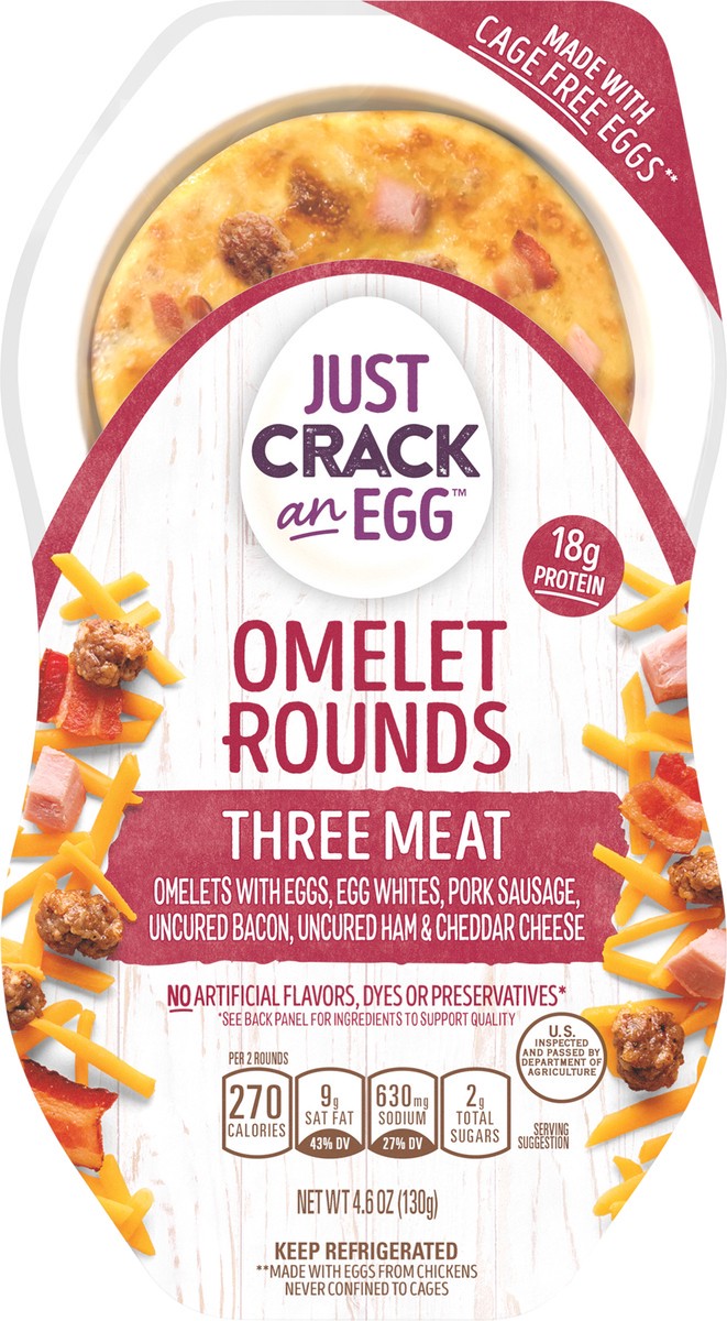 slide 4 of 9, Just Crack an Egg Omelet Rounds Three Meat Egg Bites with Eggs, Pork Sausage, Uncured Bacon, Uncured Ham and Cheddar Cheese, 2 ct Pack, 2 ct