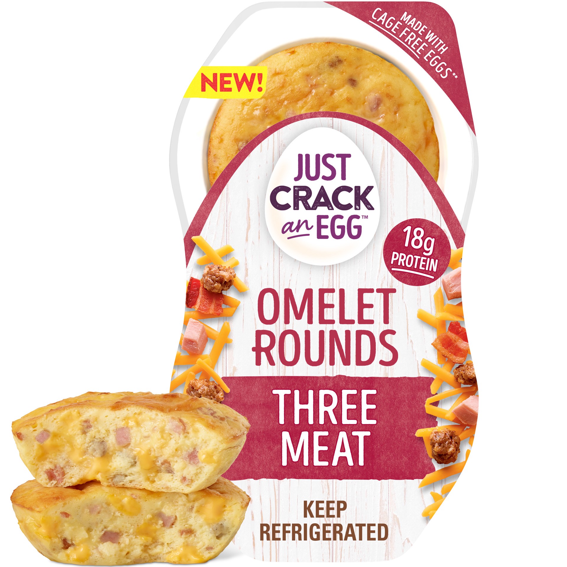 slide 1 of 9, Just Crack an Egg Omelet Rounds Three Meat Egg Bites with Eggs, Pork Sausage, Uncured Bacon, Uncured Ham and Cheddar Cheese, 2 ct Pack, 2 ct