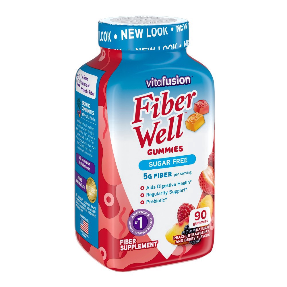slide 9 of 13, vitafusion Fiber Well Sugar Free Fiber Gummy Supplement - Peach, Strawberry and Berry Flavored - 90ct, 90 ct