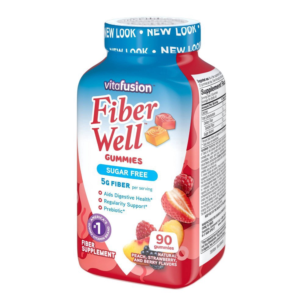slide 12 of 13, vitafusion Fiber Well Sugar Free Fiber Gummy Supplement - Peach, Strawberry and Berry Flavored - 90ct, 90 ct