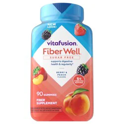 Vitafusion Fiber Well Sugar-Free Fiber Supplement, Peach, Strawberry, and Blackberry Flavored Gummies, 90 count