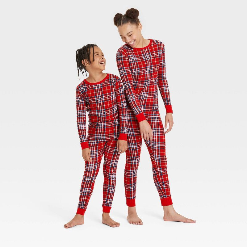 slide 1 of 4, Kids' Plaid Cotton Ribbed Holiday Matching Family Pajama Set - Wondershop™ Red 6, 1 ct