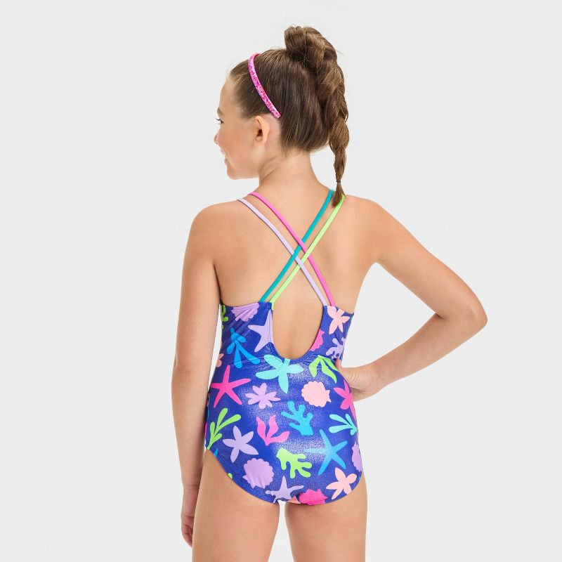 slide 2 of 3, Girls' Underwater Abstraction Star Fish Printed One Piece Swimsuit - Cat & Jack™ XS: Recycled Polyester, Spandex, UPF 50+, 1 ct