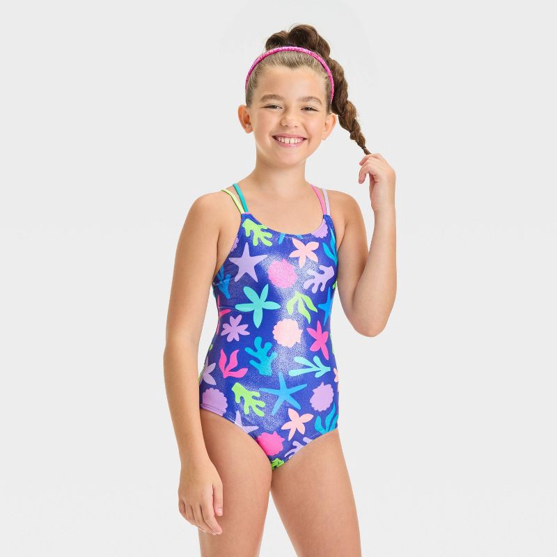 slide 1 of 3, Girls' Underwater Abstraction Star Fish Printed One Piece Swimsuit - Cat & Jack™ XS: Recycled Polyester, Spandex, UPF 50+, 1 ct