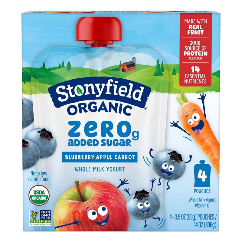 slide 1 of 4, Stonyfield Organic ZERO Added Sugar Kids Pouch Blueberry Apple Carrot 3.5oz/4pk, 4 ct; 3.5 oz