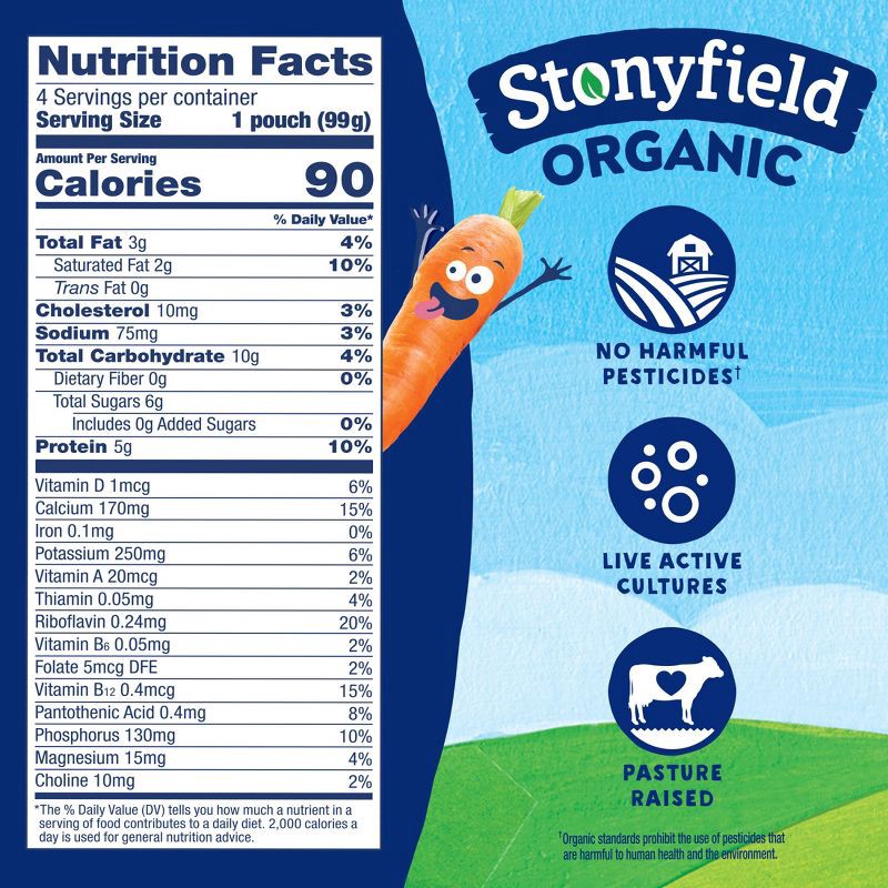 slide 6 of 10, Stonyfield Kids' Organic ZERO Added Sugar Kids Pouch Blueberry Apple Carrot 3.5oz/4pk, 4 ct; 3.5 oz