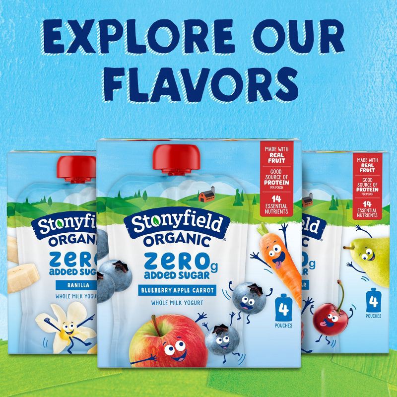 slide 7 of 10, Stonyfield Kids' Organic ZERO Added Sugar Kids Pouch Blueberry Apple Carrot 3.5oz/4pk, 4 ct; 3.5 oz