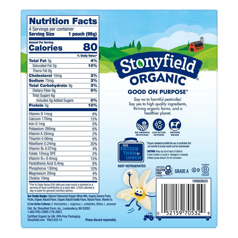 slide 2 of 4, Stonyfield Organic ZERO Added Sugar Kids Pouch Vanilla 3.5oz 4pk, 4 ct; 3.5 oz