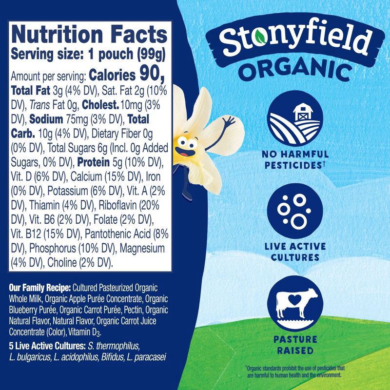slide 6 of 10, Stonyfield Kids' Organic ZERO Added Sugar Kids Pouch Vanilla 3.5oz 4pk, 4 ct; 3.5 oz