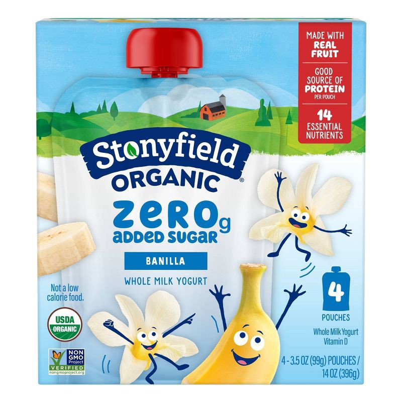 slide 1 of 4, Stonyfield Organic ZERO Added Sugar Kids Pouch Vanilla 3.5oz 4pk, 4 ct; 3.5 oz