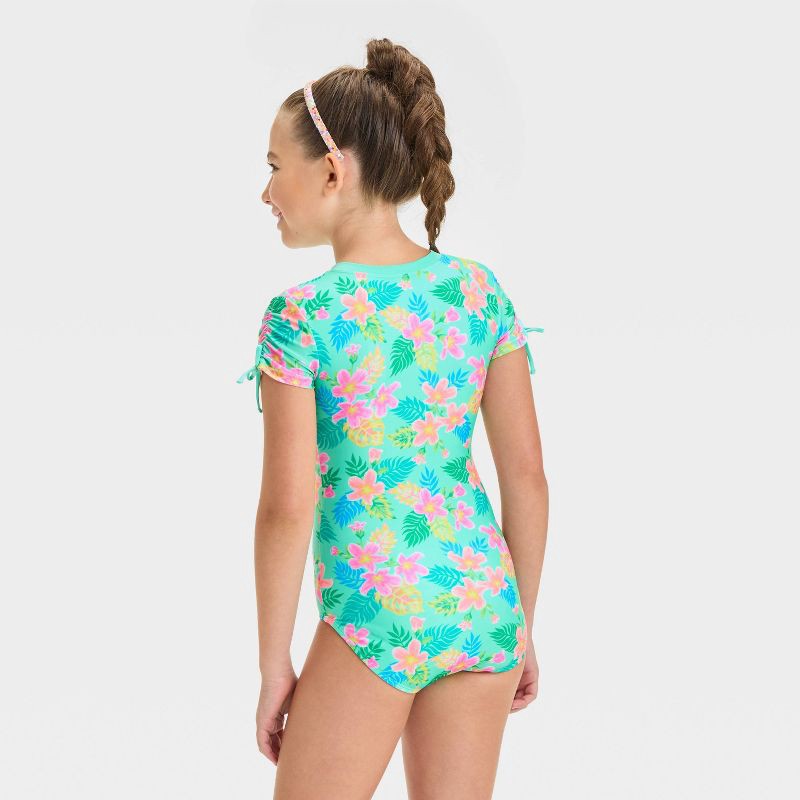 slide 2 of 3, Girls' Enchanting Tropical Floral Printed One Piece Rash Guard - Cat & Jack™ L: UPF 50+, Highneck, Short Sleeve, 1 ct
